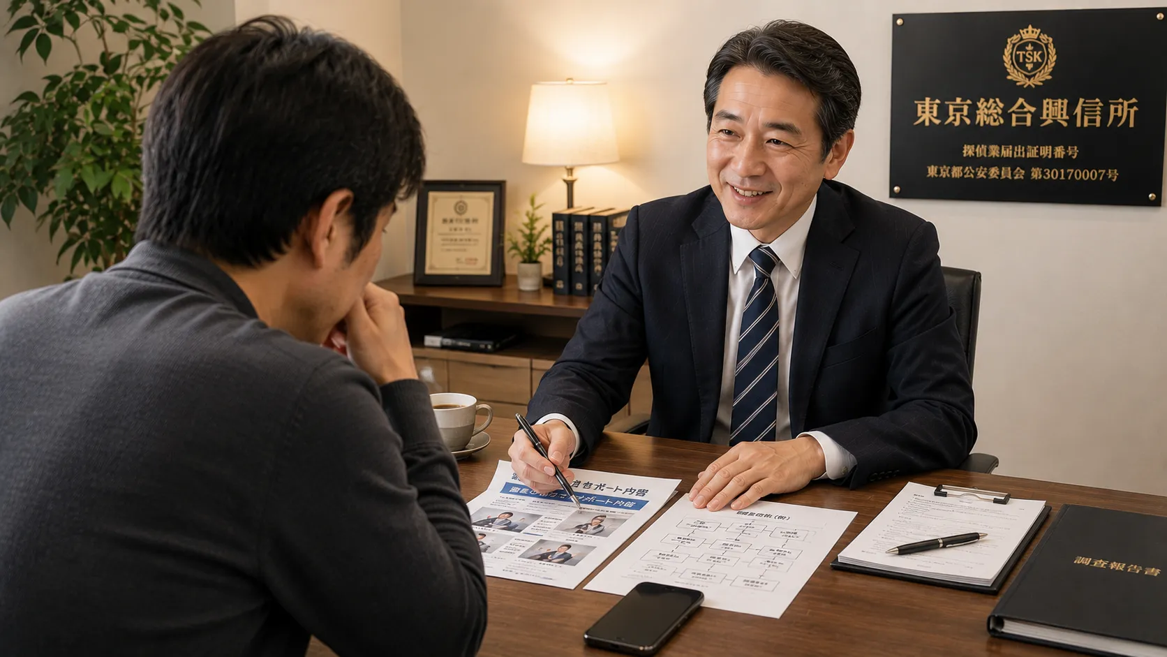 名前だけで住所を調べるために相談員と手掛かりを整理する様子