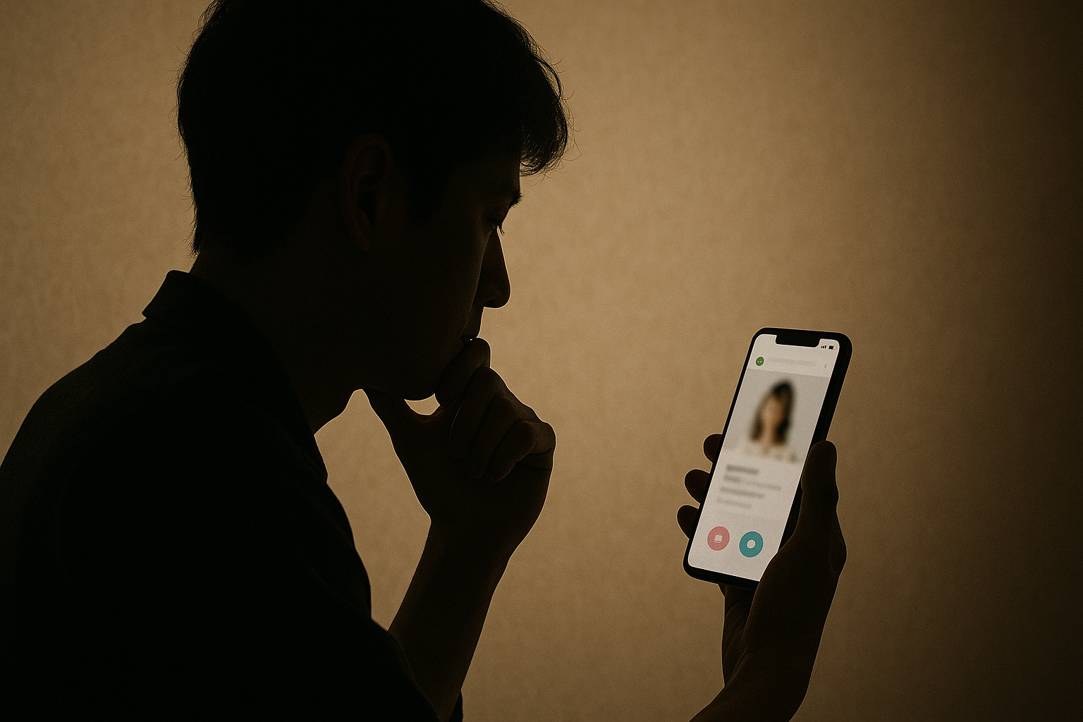 マッチングアプリで知り合った女性について不安を抱える男性のイメージ