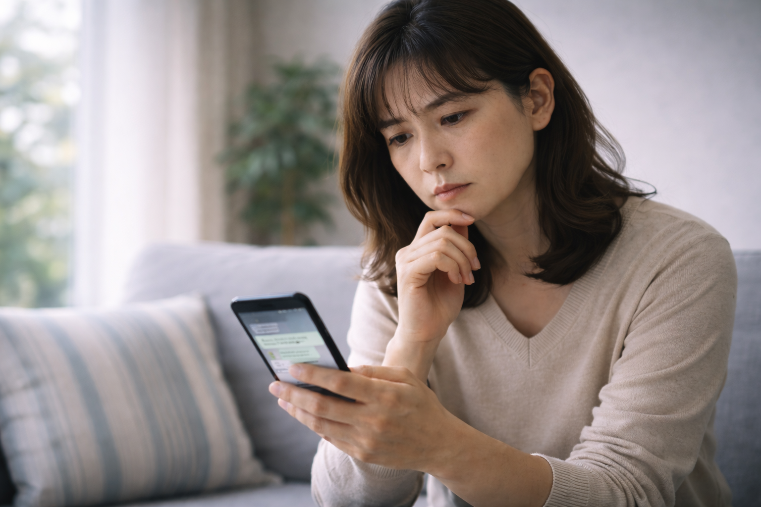 マッチングアプリで知り合った相手の身元が分からず不安になる女性