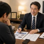 名前だけで住所を調べるために相談員と手掛かりを整理する様子